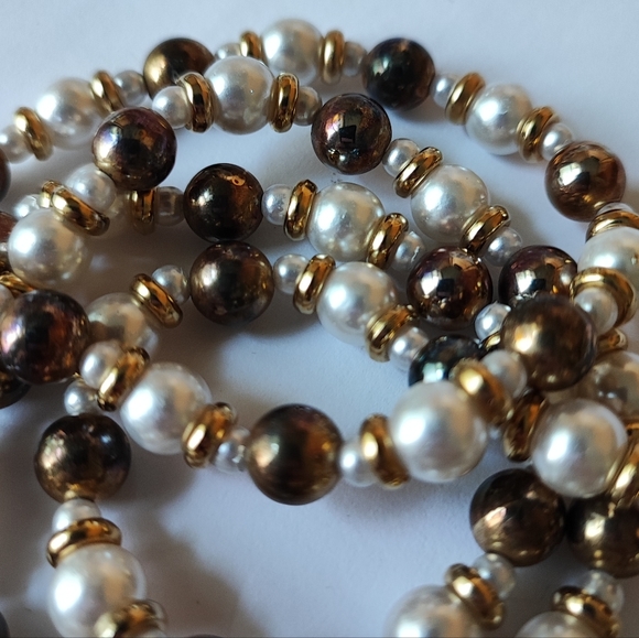 Faux Pearl Cocoa Brown Long Vintage Necklace Gold Tone Barrel Clasp - Picture 8 of 10